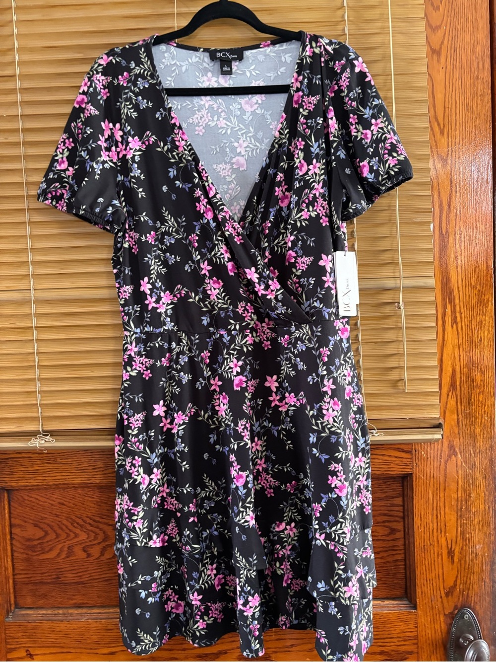 BCX Black Floral Wrap Midi Dress with Pink Blossoms